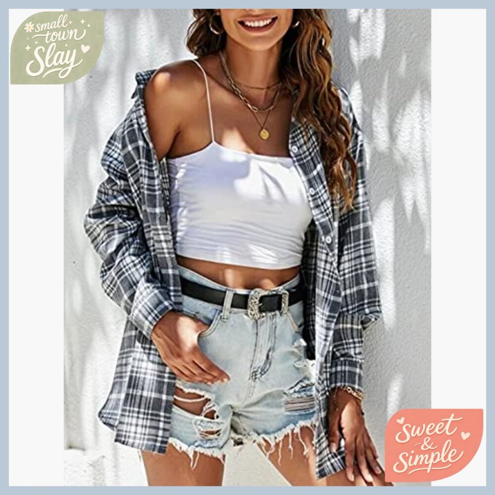 Oversized Flannel Button Down Shirt Long Sleeve Loose Fit Plaid Blouse - Picture 4 of 7